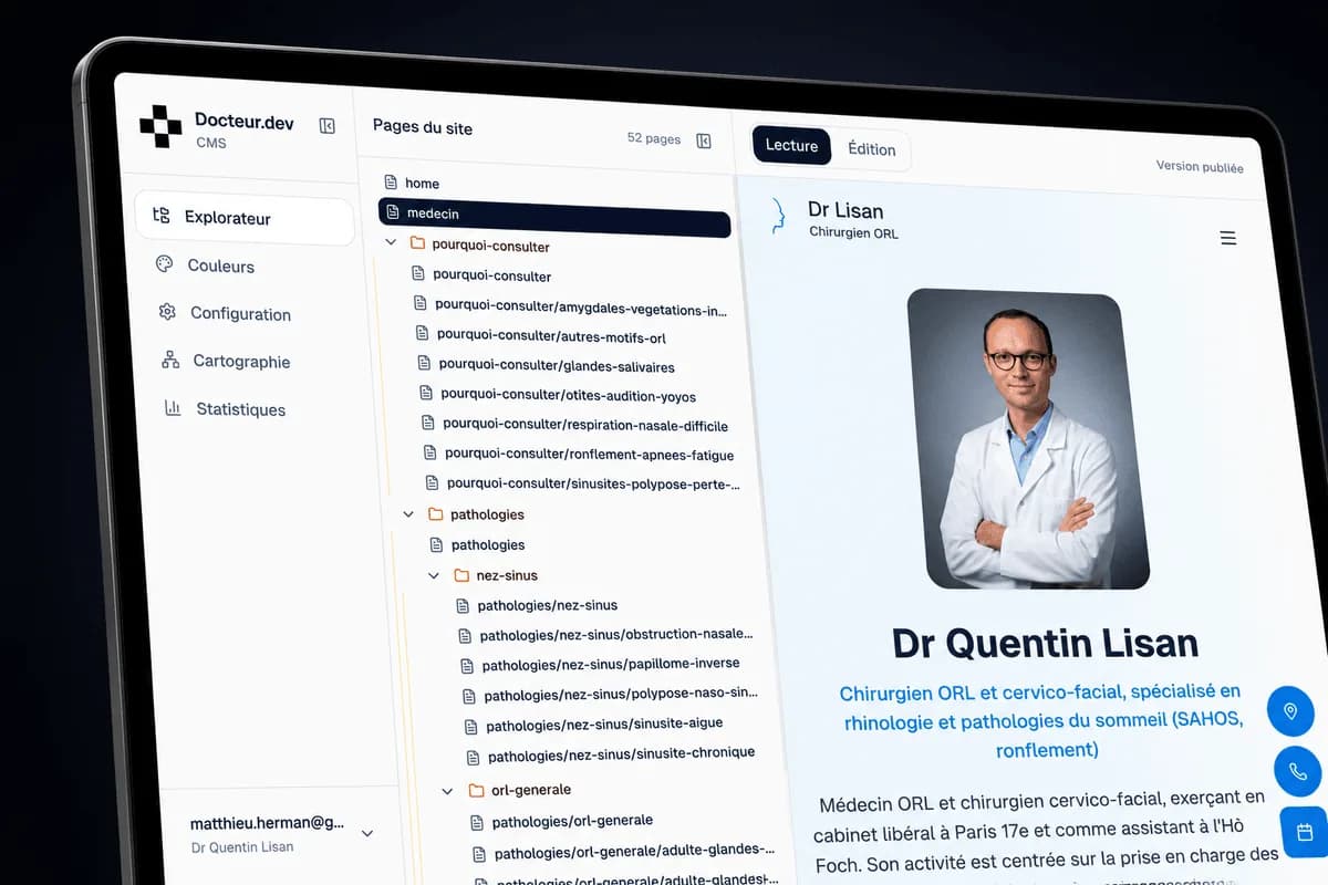 Interface du CMS Docteur.dev avec l’explorateur de pages et l’aperçu du site médical