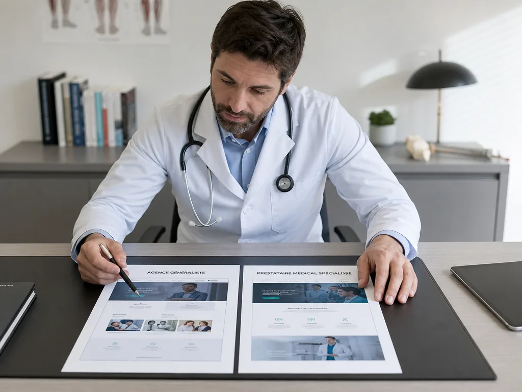 Médecin comparant une proposition d’agence généraliste et un prestataire médical spécialisé
