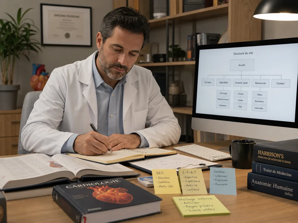 Médecin préparant les contenus de son site internet avec des notes de spécialités