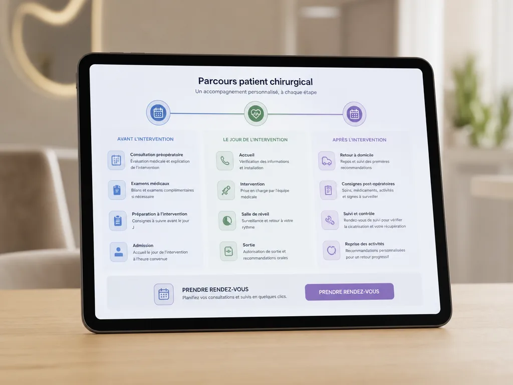 Parcours patient chirurgical présenté sur une tablette dans un cabinet de chirurgie