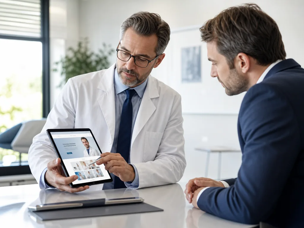 Médecin spécialiste relisant la maquette de son futur site internet avec un consultant